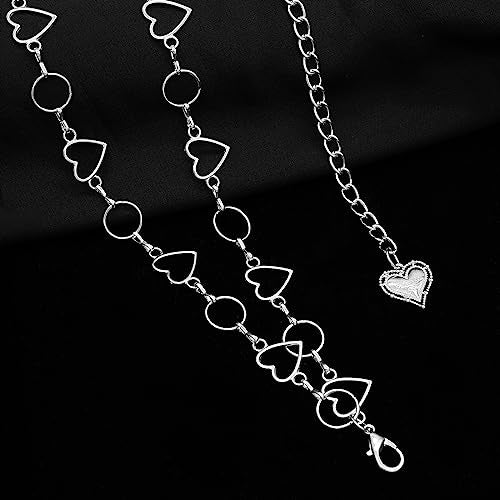 Long Tassel Waist Chain Belt for Women, Adjustable Metal Body Belly Belt Chain for Dress - color: Silver Double Heart, size: M: (Fit Waist 43.3in)