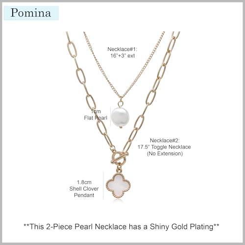 POMINA Chunky Thick Coin Necklace Trendy Fashion Statement Toggle Necklace Worn Gold Tone Pendant Thick Link Chain Layered Pearl Necklace - color: 2PC Clover/Pearl_Worn Gold