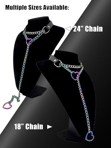 Black Leather Choker Collar For Women, Handmade Heart Slip Chain Choker Long Necklace with Adjustable Buckle - color: B-Black-Rainbow-Rainbow, size: 24''chain