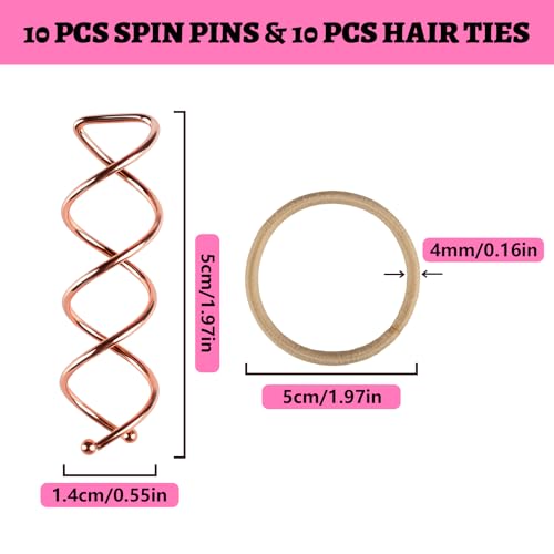 Teenitor 20Pcs Spiral Hair Pins, Spiral Bobby Pins, Spin Pins for Hair Twist, Bobby Pins for Buns Hair Bun Maker with 10 Hair Ties, Rose Gold - color: Rose Gold
