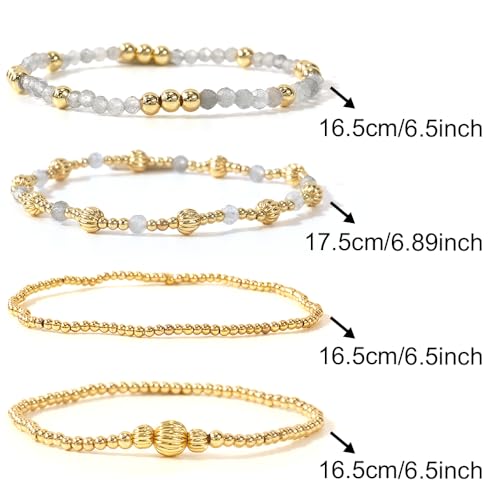 Dainty 14K Gold Lantern Beaded Bracelets Stack for Women,4PCS Colorful Glass Beads Stretch Stackable Bracelets Set Fashion Prom Jewelry Gift Friendship - color: White