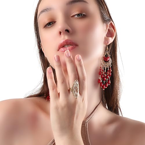 Rings for Women Summer Boho Rings Filigree Flower Ring Chunky Gold Ring Full Finger Rings Wide Band Womens Rings for Cocktail Party Birthday Gifts Statement Rings for Women - color: Gold