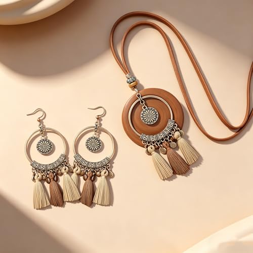Wooden Leather Necklaces Set Bohemian Wood Stack Discs Long Chain Hemp Rope Bronze Plated Pendant Ethnic Tribal Fall Leaf Earrings Jewelry Statement Necklace - color: R-041