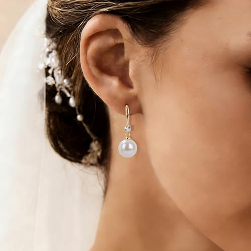 Pearl Earrings for Women, 14k Gold Plated Trendy Diamond Pearl Drop Earrings Hypoallergenic Dainty Bridal Gifts Wedding jewelry for Women - color: D - Gold