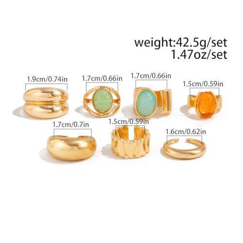 Chunky Gold Rings for Women Non Tarnish Silver Chunky Rings Set Adjustable Thick Statement Ring Gold Stackable Ring for Women Trendy Fashion Silver Jewelry - style: Style8-Blue Gemstone 7Pcs