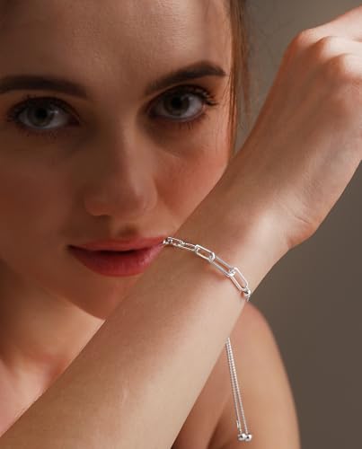 LeCalla Pure 925 Sterling Silver Italian Paperclip Link Chain Bracelets | Gold Over Silver Paper-Clip Link Station Bracelet | Sliding Bolo Bracelet for Women - color: Bead PaperClip Link Bolo