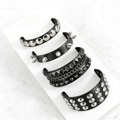 Handmade Black Leather Wrap Studded Bracelets for Women Men, 4Pcs Vintage Punk Wrist Cuff Bangle Wristband Emo Jewelry Gifts - style: Round Stud Style