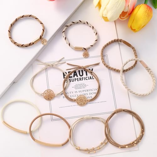 DIYDEC 10PCS Hair Ties Bracelet for Women 5 Styles Soft Braided Boho Hair Bands Elastic No Damage Hair Ties for Girls thick Thin Long Curly Hair Accessories(Beige and light coffee) - color: Beige and light coffee