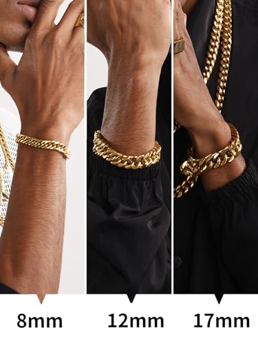 ChainsHouse Stainless Steel Cuban Link Bracelet, 8mm/12mm/17mm Width, 7.5"/8.3"/9", 18K Gold Plated Chain Wrist Bracelets for Men Women, Send Gift Box - color: W: Gold-12mm width-custom
