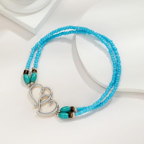 Ankle Bracelets for Women Waterproof Elastic Heart Anklet Stretchy Ankle Bracelets Colorful Beaded Anklets Boho Ankle Bracelets Silver Beach Anklet Jewelry Accessories for Summer - color: Black Blue Anklets