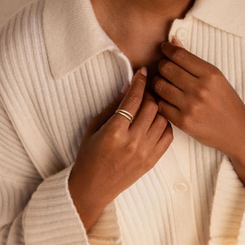 FISSEN JEWELRY Gold Rings for Women, Non Tarnish Dainty 14k Gold Plated Silver CZ Cross Ring Cute Cubic Zirconia Pinky Thumb Stackable Band Silver Finger Rings Size 6-10 Jewelry for Her - color: Gold Diamond Parallel