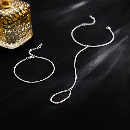 Hand Chain Bracelet for Women Trendy, Dainty Silver Beaded Finger Ring Bracelet Non Tarnish Minimalist Adjustable Simple Cute Silver Bracelets Waterproof Fashion Jewelry - color: Silver-03