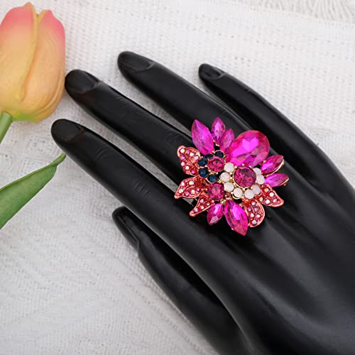 CSY Luxury Women's Austrian Crystal Leaves Flower Big Cocktail Statement Rings Stretch Adjustable Ring Jewelry Accessories - color: hot pink crystal-gold tone