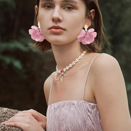 Handmade Fabric Flower Petal Fringe Dangle Drop Earrings Bohemian Floral Tassel Stud Earrings For Women - color: Pink