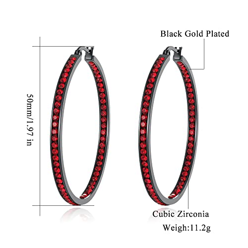 CiNily Mult-colors Crystal Stainless Steel Hoop Earring for Women Hypoallergenic Jewelry for Sensitive Ears Large Big Hoop Earrings 2" - color: Black Gold-Red