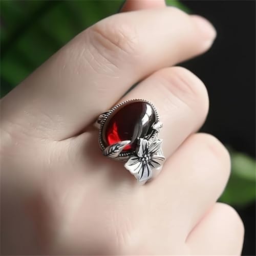 Boho Oval Stone Flower Leaf Statement Ring for Women Antique Silver Plated Vintage Crystal Plum Blossom Adjustable Open Wrap Rings Comfort Fit Retro Gemstone Art Decor Wedding Engagement Jewelry - color: Red