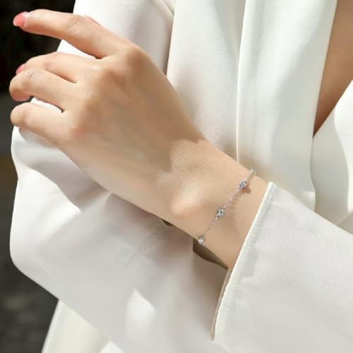 Cubic Zirconia Station Bracelet for Women, 14K Gold Plated or 925 Sterling Silver, Dainty Adjustable Chain, Stackable Minimalist Jewelry - color: White Gold