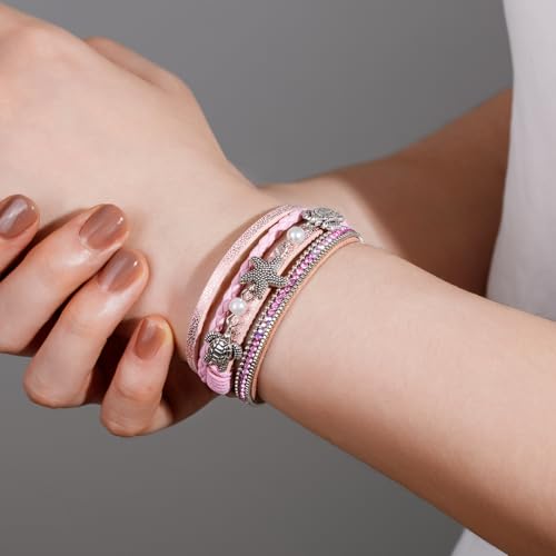 FANCY SHINY Turtle Starfish Leather Wrap Bracelet Boho Rhinestone Pearl Cuff Bracelets for Women Summer Beach Jewelry for Women - color: Pink