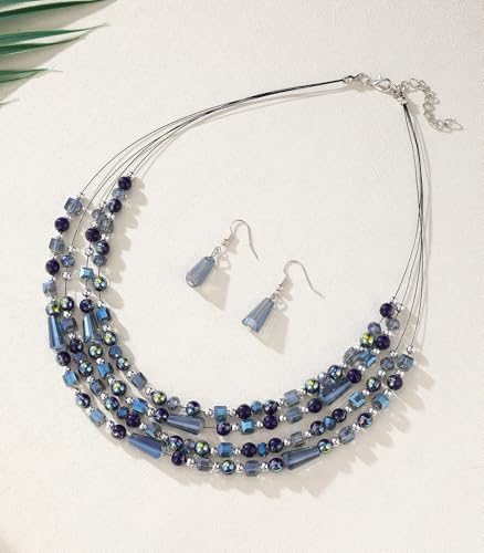 Errally Layered Beaded Statement Necklace Multi Strand Crystal Beads Collar Necklace and Earring Sets for Women Fashion Costume Jewelry Set Gifts for Her - color: Blue