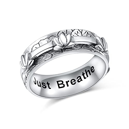 Ladytree Spinner Fidget Ring Sterling Silver Thumb Band for Women Anxiety Ring Platinum Plated Worry Stress Relief Just Breathe Boredom ADHD Autism Rings Boho Jewelry Gift - color: J-wide band oxidized lotus