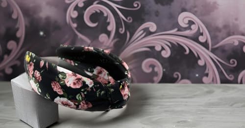 Autumn Headbands for Women Satin Black Rose Floral Warable All Day, Colorful, Silk Feel, Fall Womens Knotted Headband Fashion Designer Top Knot Girls Hair Head band - color: Black Floral Rose F