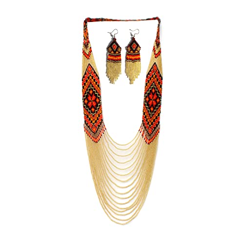 Handmade Native American Style Tribal ethnic Seed Bead Beaded Layered Medallion Necklace #1 - color: Red