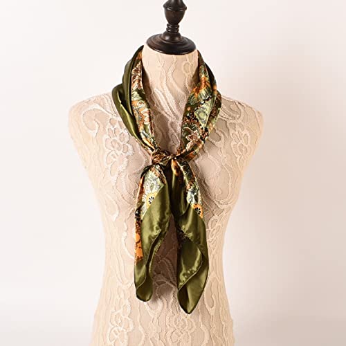 35 x 35 Women's Fashion Pattern Large Square Silk Like Hair Scarf Head Sleeping Wrap Satin Neck Bandana for Gift… - color: Big Cashew Army Green