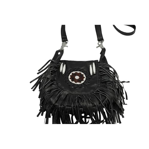 Women’s Genuine Leather Crossbody Belt Bag with Fur Fringe, Braided Bead Handcrafted Design, Clip-On Hip Fanny Pack with Jeans Loop, (J2400LB, Black) - color: Black