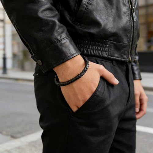 Men's Leather Bracelet, Stackable Stainless Steel Clasp Bracelets for Men Stylish Birthday, Thanksgiving, Valentine's Day Gift for My Man - style: 8.2" Black and Golden