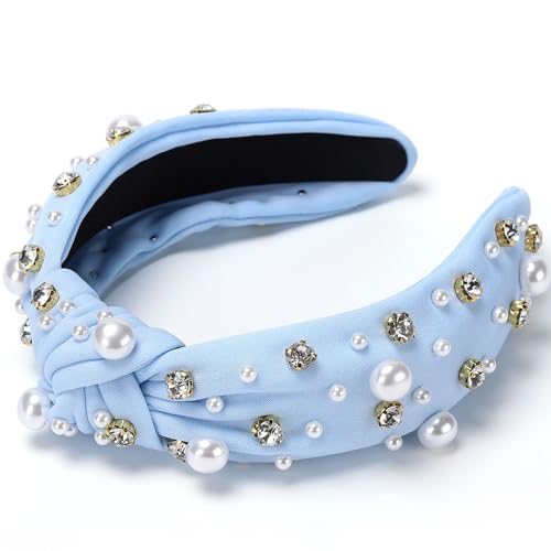 WantGor Pearl Knotted Headband, Women Rhinestone Embellished Hairband Elegant Wide Top Knot Bride Headbands Headpieces Party Fashion Elegant Ladies Hair Band Hair Hoop Accessories (Light Blue) - color: Light Blue