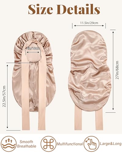 AWAYTR Long Satin Bonnet for Braids - Elastic Silk Hair Bonnets for Sleeping Night Cap Stretchy Tie Band for Women（Champagne） - color: Champagne