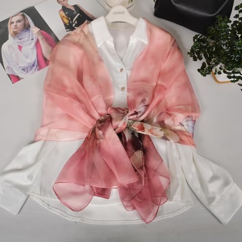 100% Mulberry Silk Women's Neck Silk Scarf-Lightweight Shawl,FLoral Print Beach Silk Wrap-Scarves for Photography - color: Dark Pink Lily