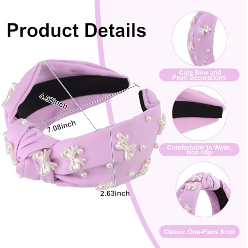 Purple Headband Bow Pearl Knotted Headbands for Women Girls Cute Fashion Wide Headbands for Women Non Slip Hairbands Head Bands for Women's Hair Bow Hair Accessories - color: Purple-03