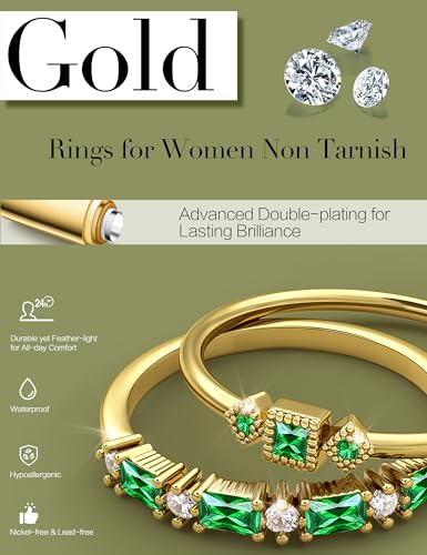 ORAZIO 14K Gold Plated Stackable Rings for Women Non Tarnish Dainty Cubic Zirconia Wedding Engagement Bands Ring Set Minimalist Trendy Statement Anniversary Promise Thumb Stacking Rings Size 6-10 - color: Green CZ-Gold Tone