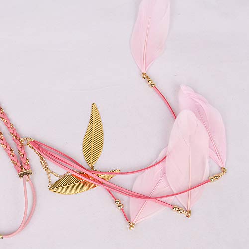 WLBON Halloween Boho Feather Headband Hippie Indian Leaf Hair Hoops Bands Tassel Bohemian Headpiece Hairband Women Xmas Wedding Festival Masquerade Cosplay Dress Up Birthday Party Accessories Pink - color: Pink Tone