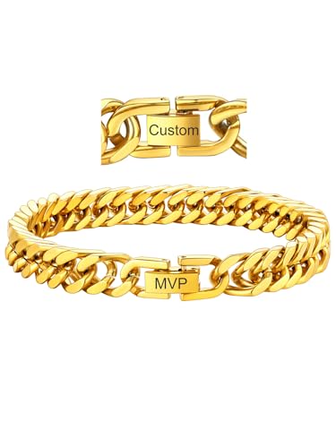 ChainsHouse Stainless Steel Cuban Link Bracelet, 8mm/12mm/17mm Width, 7.5"/8.3"/9", 18K Gold Plated Chain Wrist Bracelets for Men Women, Send Gift Box - color: V: Gold-8mm width-custom