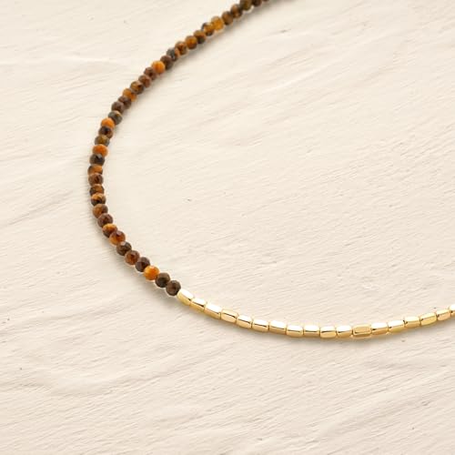 MYEARS Women Beaded Bracelet Gold Gemstone 14K Simple Dainty Handmade Chain Everyday Boho Beach Jewelry - style: Yellow Tiger's Eye