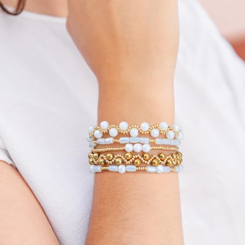 Dainty Gold Plated Pearl Crystal Beaded Bracelets Set for Women 14K Gold Plated Bead Pearl Beads Bracelet Stackable Paperclip Link Chain Bracelets Gold Plated Bracelets for Women Trendy Jewelry - color: Style5-2 White