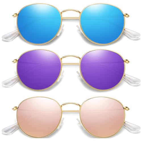 MEETSUN Round Polarized Sunglasses for Women Men Classic Retro Metal Frame Sun Glasses UV Protection - color: (3 Pack) Gold/Blue + Gold/Pink + Gold/Purple