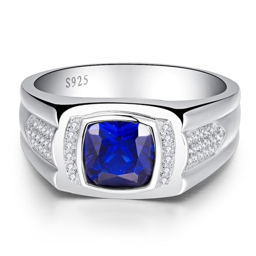 Yaresul 8 * 8mm 2.85CT 925 Sterling Silver Mens Gemstone Ring Princess Cut Created Black Onyx|Sapphire|Emerald|Ruby Mens Wedding Band Engagement Ring Pave CZ W/AAA Size 6-13 - color: Created Sapphire