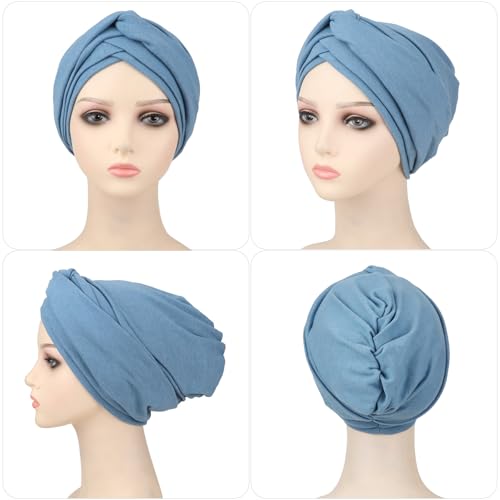 AQOKKA African Turban for Women Knotted Hair Wraps for Turban Head Scarf for Black Women Hair Cancer Chemo Headwear Cap - color: Twisted Braid: 1 Pack Blue Grey