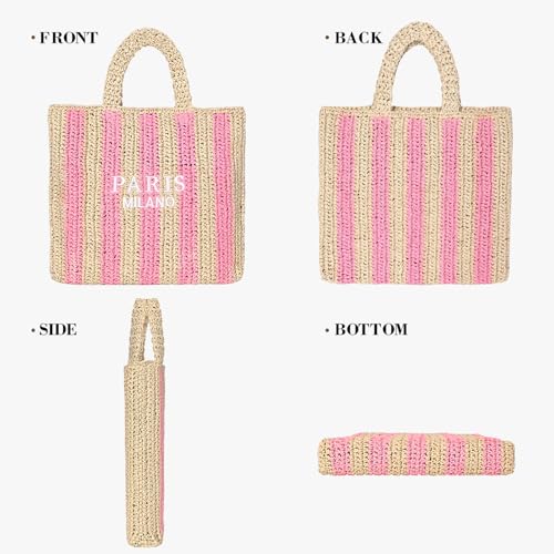 Straw Beach Bag for Women Summer Woven Tote Bag Packable Straw Purses and Handbags for Vacation Holiday - color: M-pink