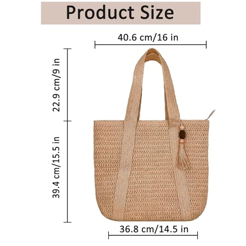 Large Straw Beach Tote Bags For Women Woven Boho Handmade Shoulder Handbags for Summer Vacation Travel with Tassels - color: Khaki