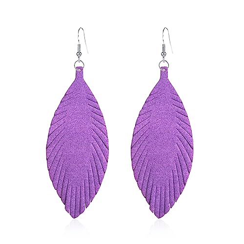 Large Genuine Soft leaf Leather Handmade Fringe Tassel Feather Lightweight Tear Drop Dangle Color Earrings for Women - color: Violet