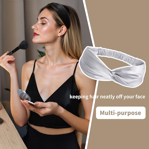 ZLYC Mulberry Silk Headband Elastic Twist Knotted Head Bands for Women's Hair, Solid Silver - color: Solid Silver