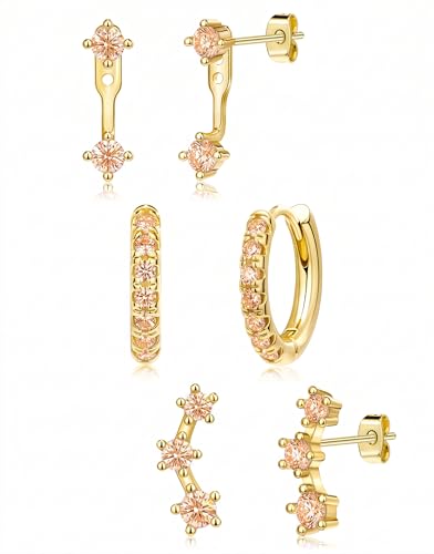 3 Pairs Dainty Small 4th of July Earrings for Women Trendy, Birthstone Stud Huggie Hoop Jacket Stack for Cartilage Helix, Gold Plated Hypoallergenic Cute Women Fashion Accessories Western Jewelry Gifts - color: 11Champagne-Nov (Gold)