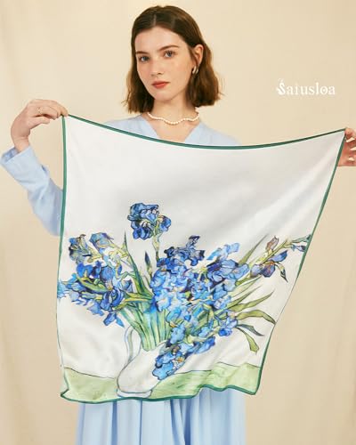 Saiusloa Neck Scarf For Womens Silky Head Scarves Hair Bandanas Square Scarf Fashion Accessories lightweight - color: 22-oil Painting Iris