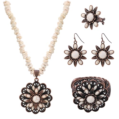 4 PCS Western Turquoise Jewelry for Women Boho Vintage Navajo Pearl Necklace Earring Bracelet Ring Set Country Cowgirl Accessories for Gift - color: F-White