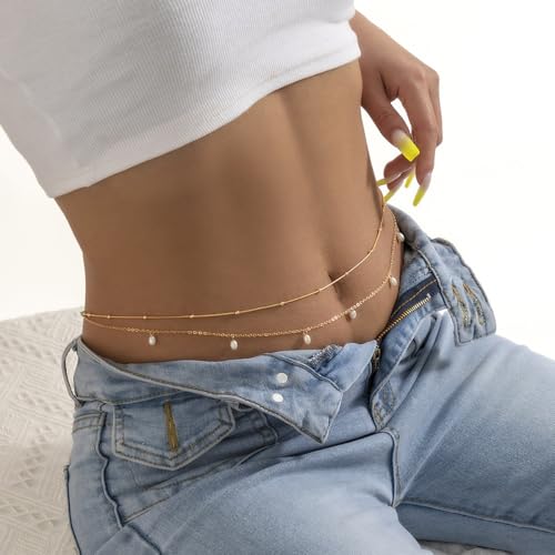 4Pcs Layered Gold Body Waist Chain Pearl Heart Waist Belly Stomach Belt Chain Beads Cuban Bikini Chains Simple Sexy Body Chains Jewelry for Women - size: 3