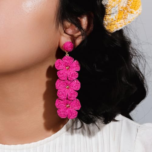 Boho Flower Earrings Statement Raffia Dangle Earrings Cute Floral Jewelry Trendy Summer Beach Vacation Outfits for Women - color: Rose-2